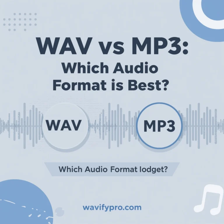 Comparison of WAV and MP3 audio formats showing sound waves and text “Which Audio Format Is Best” on wavifypro.com